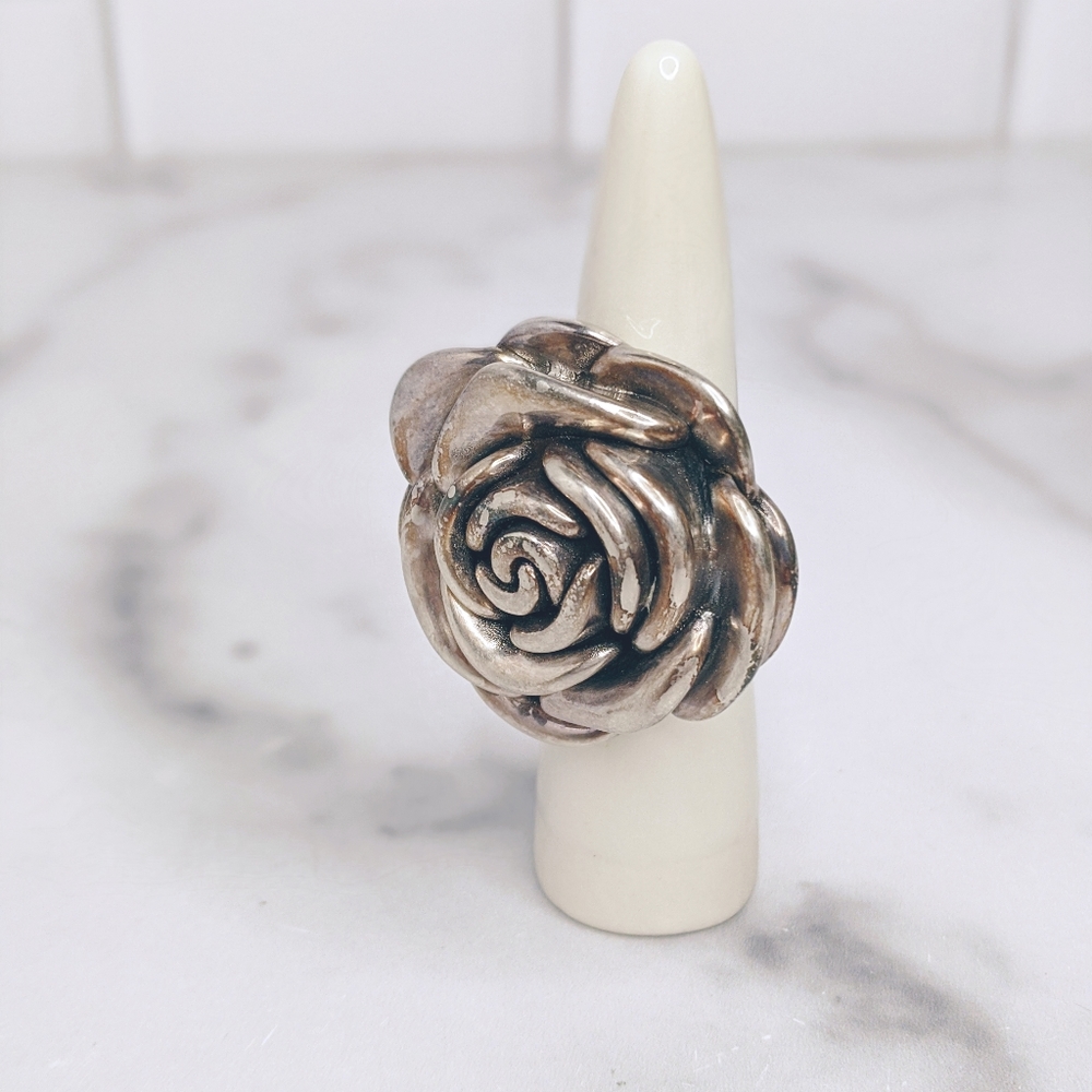 Sterling Silver Bold Statement Rose Cocktail Ring - image 1